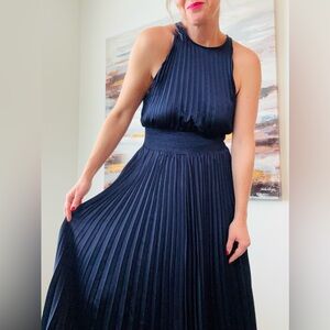 Navy Sateen Halter Neck Accordion Pleat Maxi Dress M